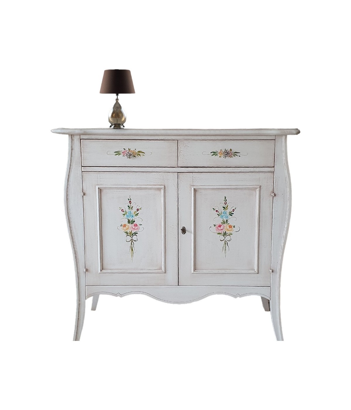 MOBILI 2G - Madia Credenza in legno 2 porte shabby bianco anticato decorato 105x50x100 VISTA FRONTALE