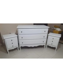 Gruppo 1 Cassettiera 2 Comodini legno shabby bianco opaco