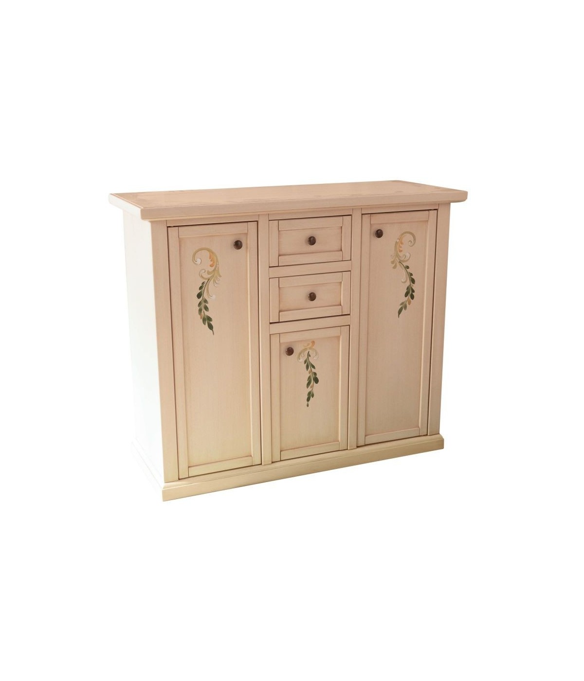 MOBILI 2G - Credenza 3 porte 2 cassetti shabby avorio anticato decori 100x39x85 vista frontale