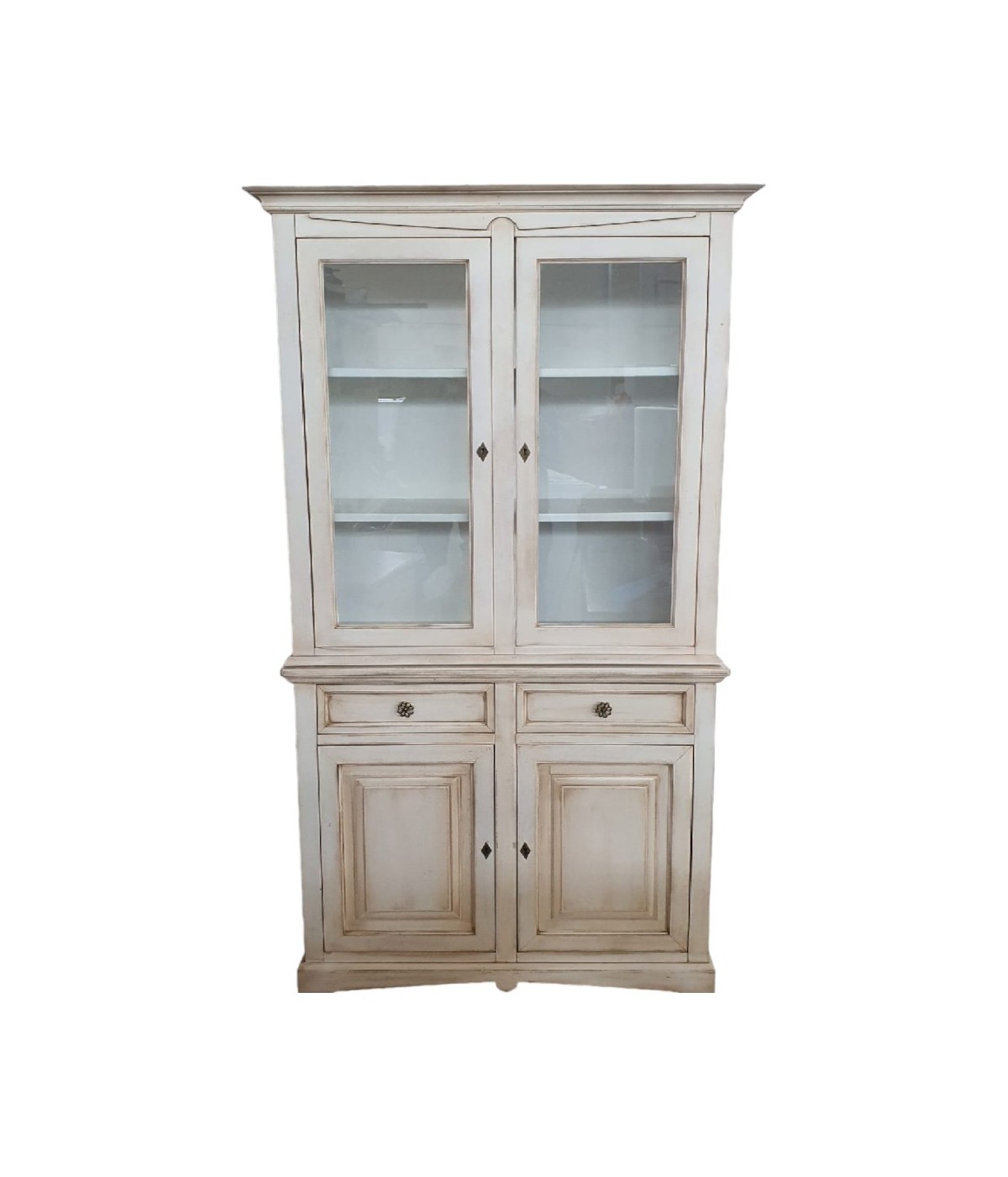 MOBILI 2G - Cristalliera 2 porte legno shabby bianco anticato 117x46x220 VISTA FRONTALE