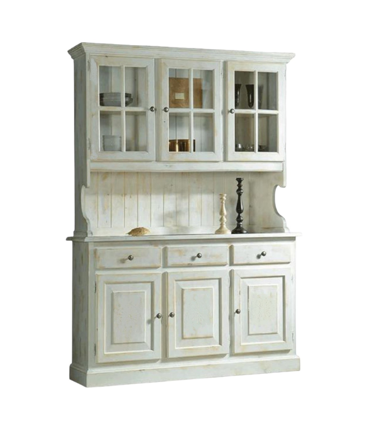 MOBILI 2G - Cristalliera 3 porte legno massello shabby bianco invecchiato L.147 P.43 H.195 VISTA FRONTALE