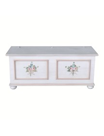 MOBILI 2G - Cassapanca in legno shabby bianco anticato decoro filo rosa 116,5X40,5X46 vista frontale