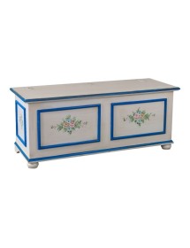 MOBILI 2G - Cassapanca in legno shabby bianco anticato decoro filo blu 116,5X40,5X46 vista frontale