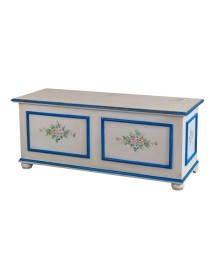 MOBILI 2G - Cassapanca in legno shabby bianco anticato decoro filo blu 116,5X40,5X46 vista frontale