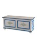 MOBILI 2G - Cassapanca in legno shabby bianco anticato decoro filo blu 116,5X40,5X46 vista frontale
