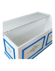 MOBILI 2G - Cassapanca in legno shabby bianco anticato decoro filo blu 116,5X40,5X46 vista frontale