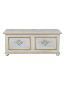 MOBILI 2G - Cassapanca in legno shabby bianco anticato decoro filo giallo 116,5X40,5X46 vista frontale