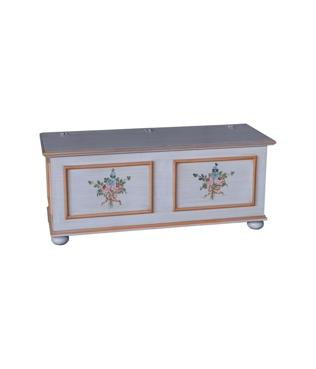 MOBILI 2G - Cassapanca in legno shabby bianco anticato decoro filo arancione 116,5X40,5X46 vista frontale