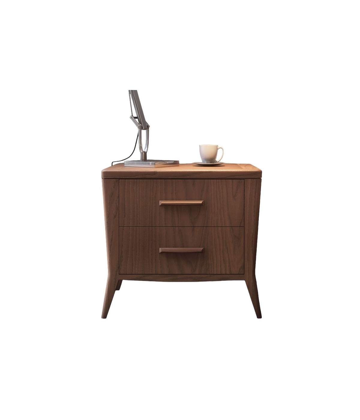MOBILI 2G - COMODINO 2 CASSETTI SAGOMATO IN LEGNO MASSELO TINTA NATURALE L.58 P.40 H.53 vista frontale