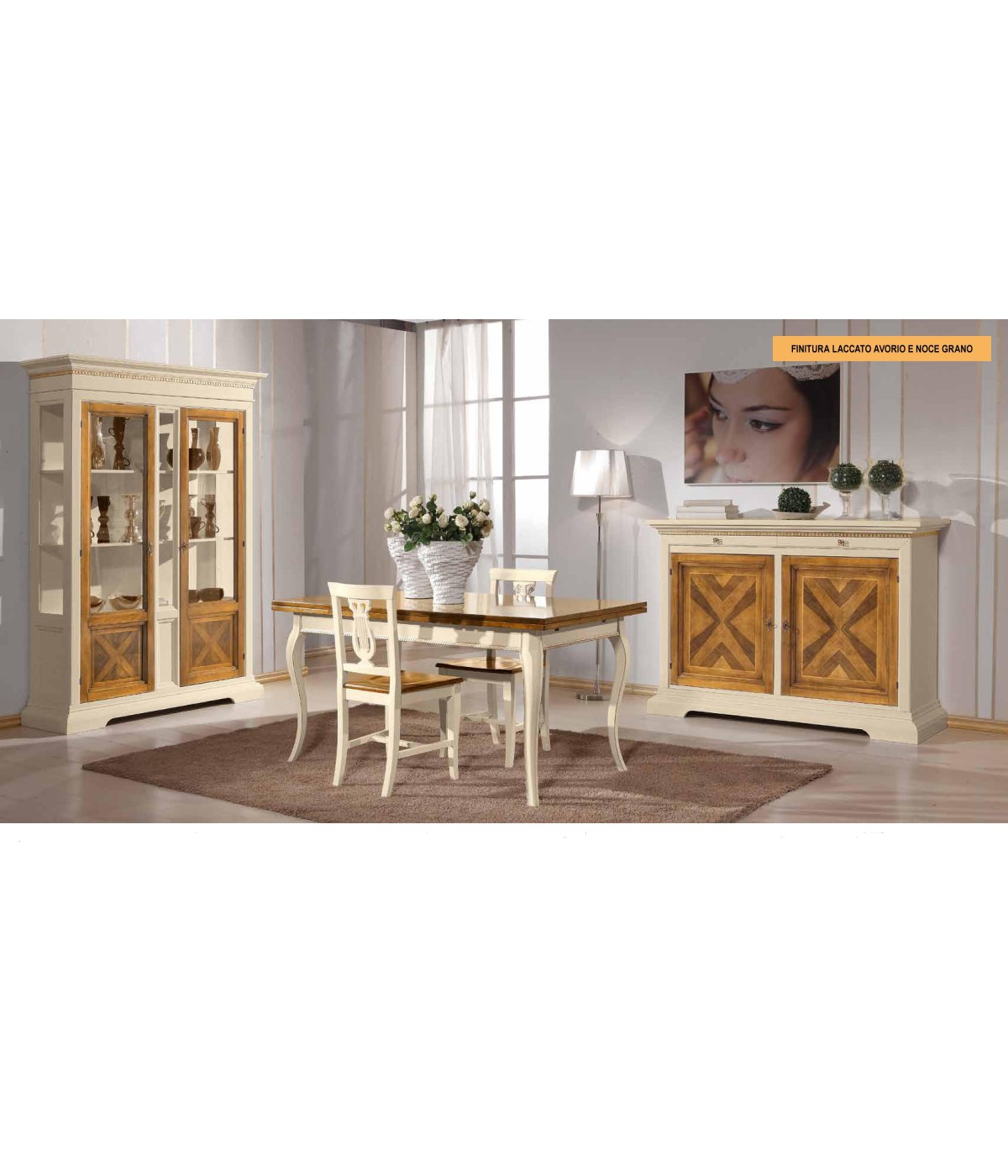 MOBILI 2G - SOGGIORNO ARTE POVERA IN LEGNO INTARSIATA LACCATO AVORIO/NOCE GRANO