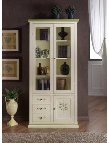 MOBILI 2G - Vetrina 3 ante 3 cassetti in Legno shabby avorio anticato decorato 90X41X186 VISTA FRONTALE