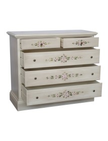 MOBILI 2G - Cassettiera 5 cassetti legno shabby bianco anticato decori 117x51X101 vista frontale cassetti aperti