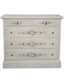 MOBILI 2G - Cassettiera 5 cassetti legno shabby bianco anticato decori 117x51X101 vista frontale