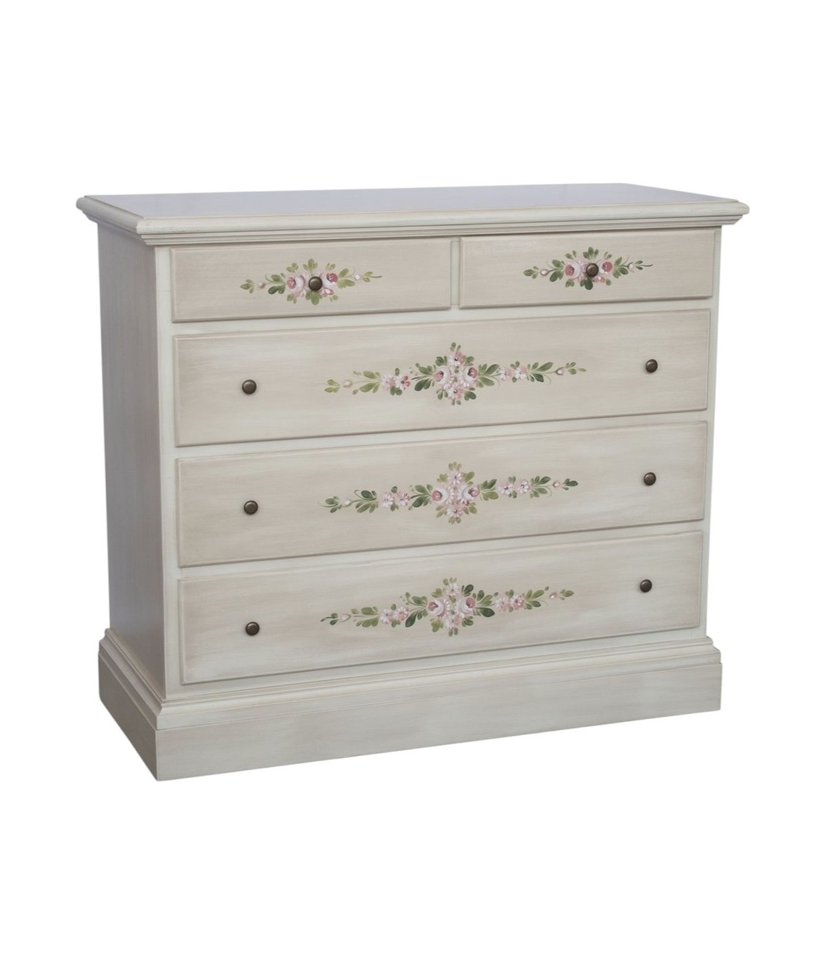 MOBILI 2G - Cassettiera 5 cassetti legno shabby bianco anticato decori 117x51X101 vista frontale
