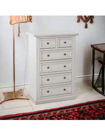 MOBILI 2G - Cassettiera 6 cassetti in legno shabby bianco anticato 62x37X93 vista frontale