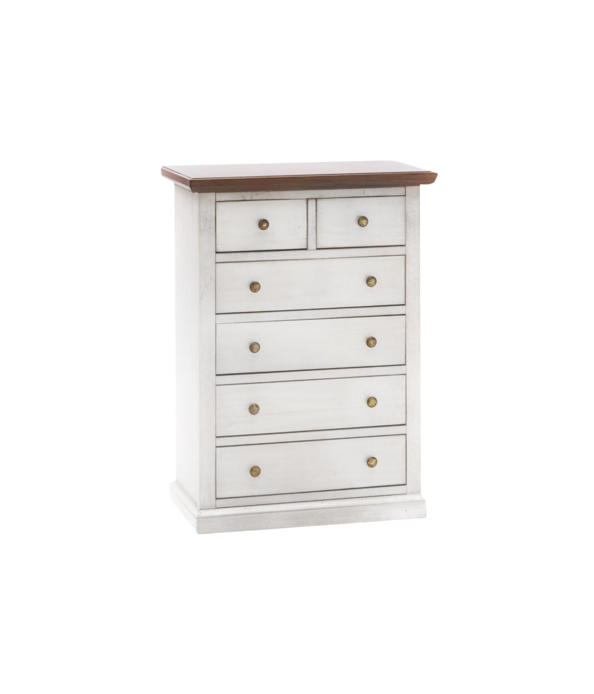 MOBILI 2G - Cassettiera 6 cassetti in legno shabby bianco anticato noce 62x37X93 VISTA FRONTALE