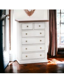 MOBILI 2G - Cassettiera 6 cassetti in legno shabby bianco anticato noce 62x37X93 VISTA FRONTALE