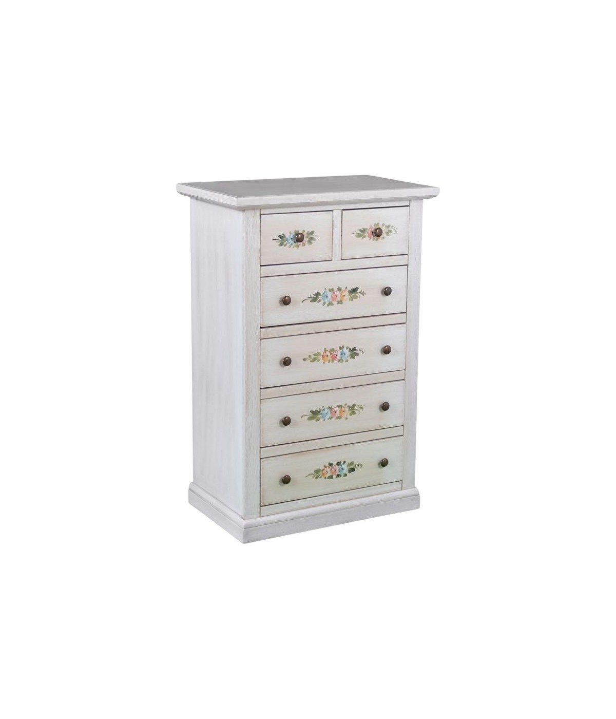 MOBILI 2G - Cassettiera 6 cassetti in legno shabby bianco anticato decorato 62x37X93 VISTA FRONTALE