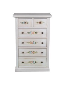 MOBILI 2G - Cassettiera 6 cassetti in legno shabby bianco anticato decorato 62x37X93 VISTA FRONTALE