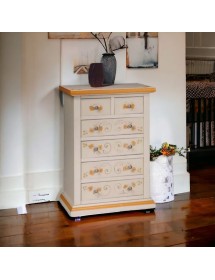 MOBILI 2G - Cassettiera 6 cassetti in legno shabby bianco anticato decorato 62x37X93 vista frontale