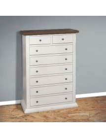 MOBILI 2G - Cassettiera 8 cassetti in legno shabby bianco e noce 87x40X125 vista frontale