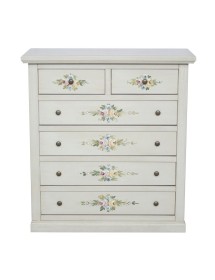 MOBILI 2G - Cassettiera 6 cassetti in legno shabby bianco anticato decorato 86x40X96 VISTA FRONTALE