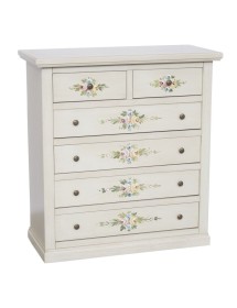 MOBILI 2G - Cassettiera 6 cassetti in legno shabby bianco anticato decorato 86x40X96 VISTA FRONTALE