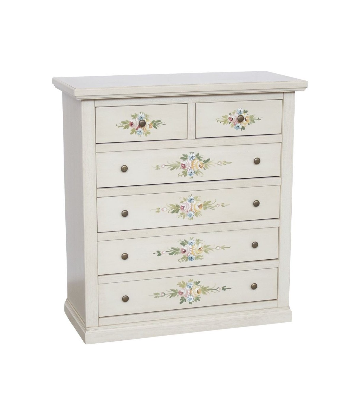 MOBILI 2G - Cassettiera 6 cassetti in legno shabby bianco anticato decorato 86x40X96 VISTA FRONTALE