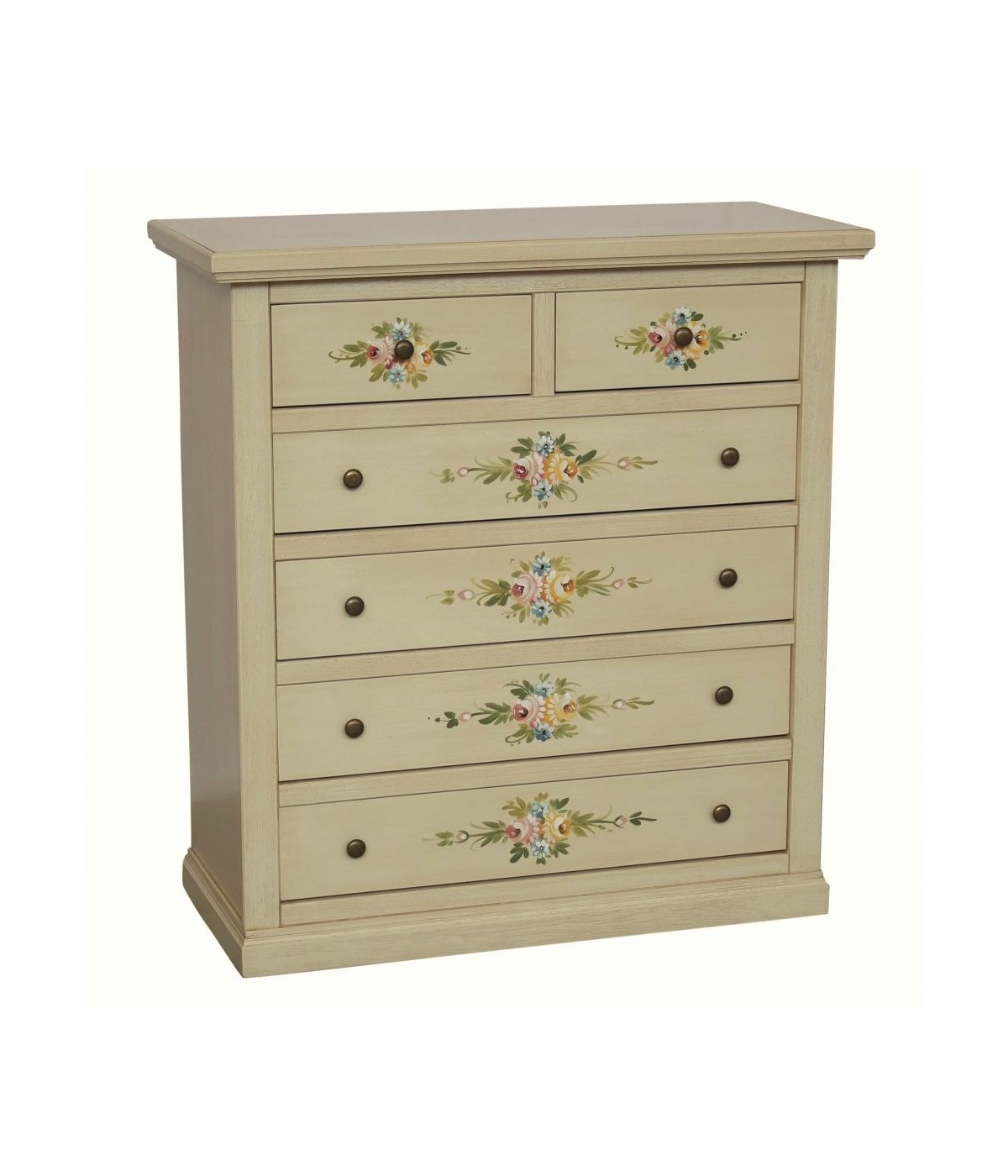 MOBILI 2G - Cassettiera 6 cassetti in legno shabby avorio anticato decorato 86x40X96 VISTA FRONTALE