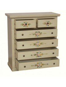 MOBILI 2G - Cassettiera 6 cassetti in legno shabby avorio anticato decorato 86x40X96 VISTA FRONTALE