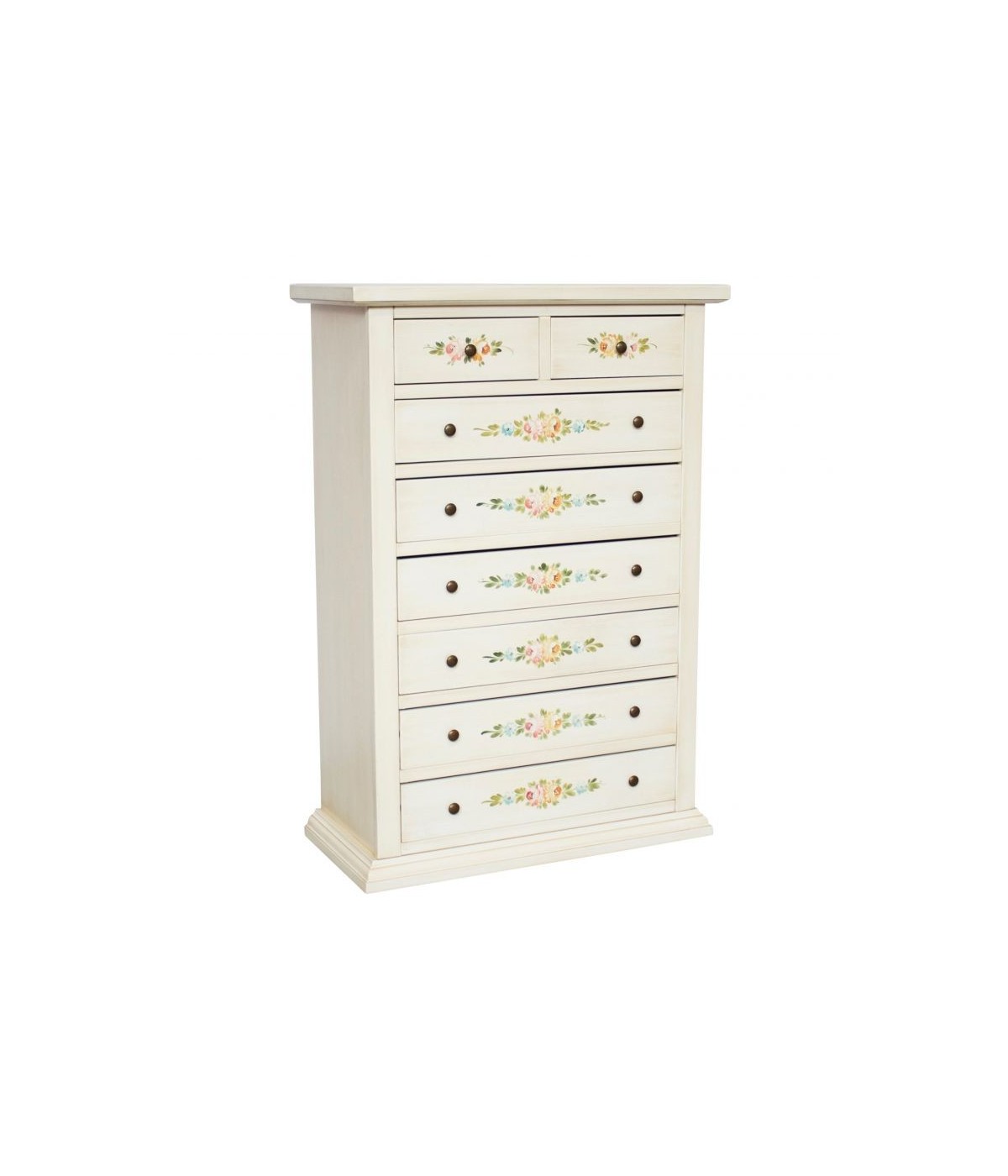 MOBILI 2G - Cassettiera 8 cassetti legno shabby bianco anticato decori 87x40X125 vista frontale