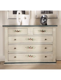 MOBILI 2G - Cassettiera 5 cassetti legno shabby bianco anticato decori filo blu 120x50X85 vista frontale