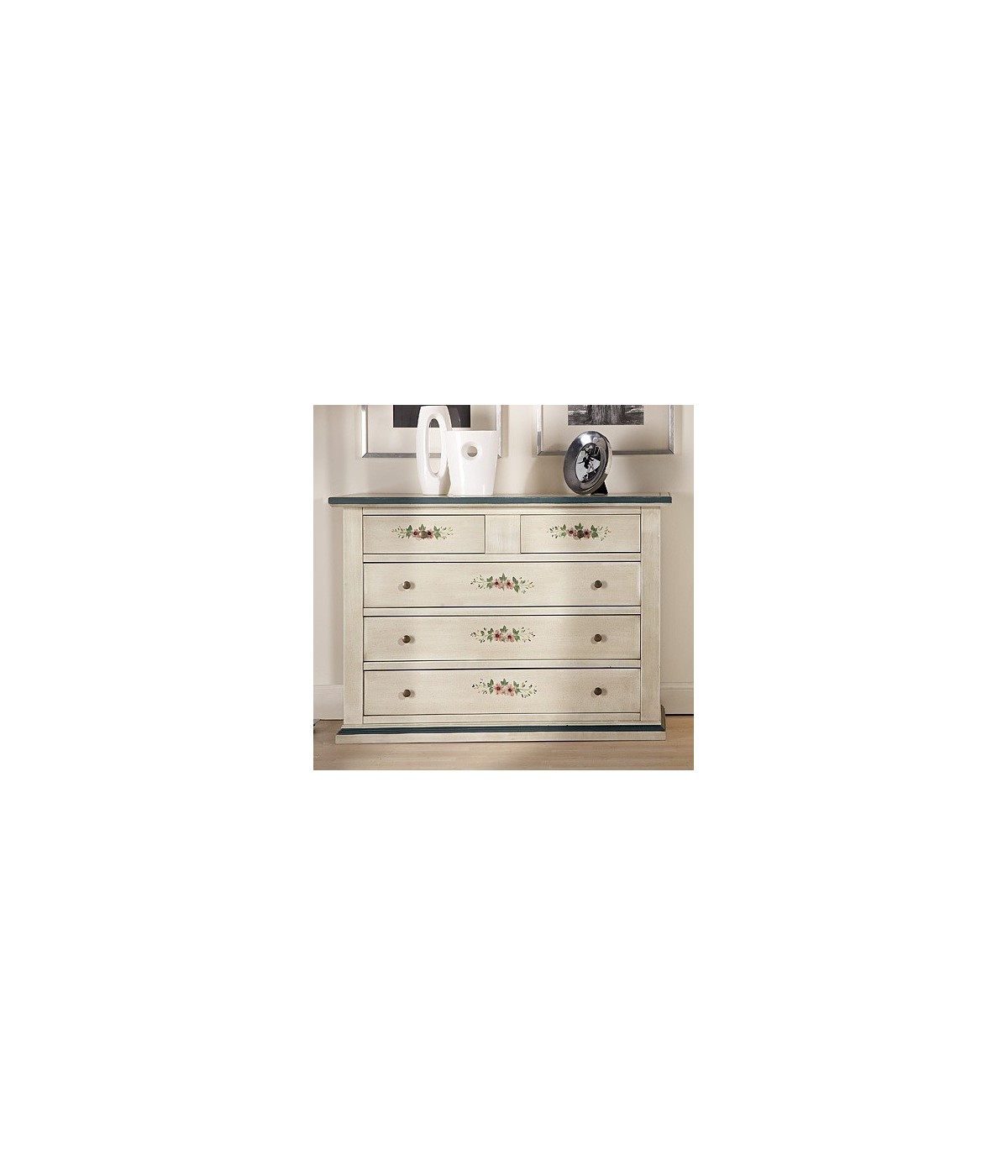 MOBILI 2G - Cassettiera 5 cassetti legno shabby bianco anticato decori filo blu 120x50X85 vista frontale