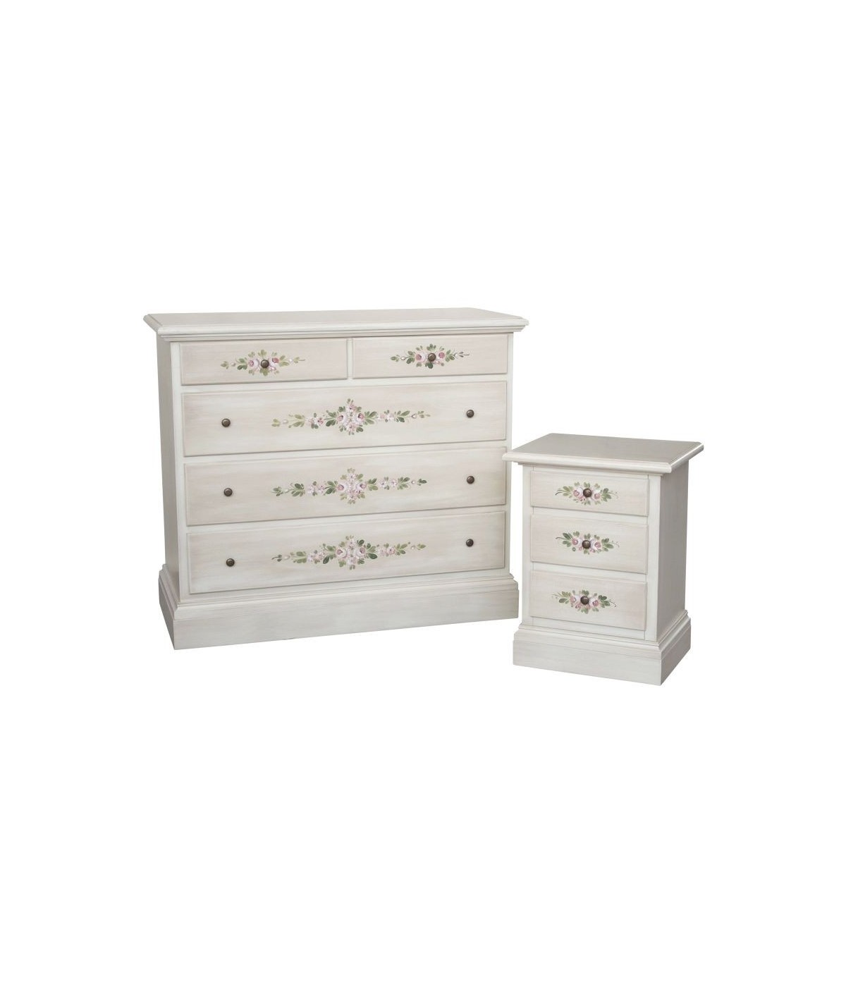 MOBILI 2G - Gruppo 1 Cassettiera 2 Comodini Shabby Bianco anticato decorato VISTA FRONTALE