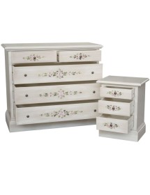 MOBILI 2G - Gruppo 1 Cassettiera 2 Comodini Shabby Bianco anticato decorato VISTA FRONTALE