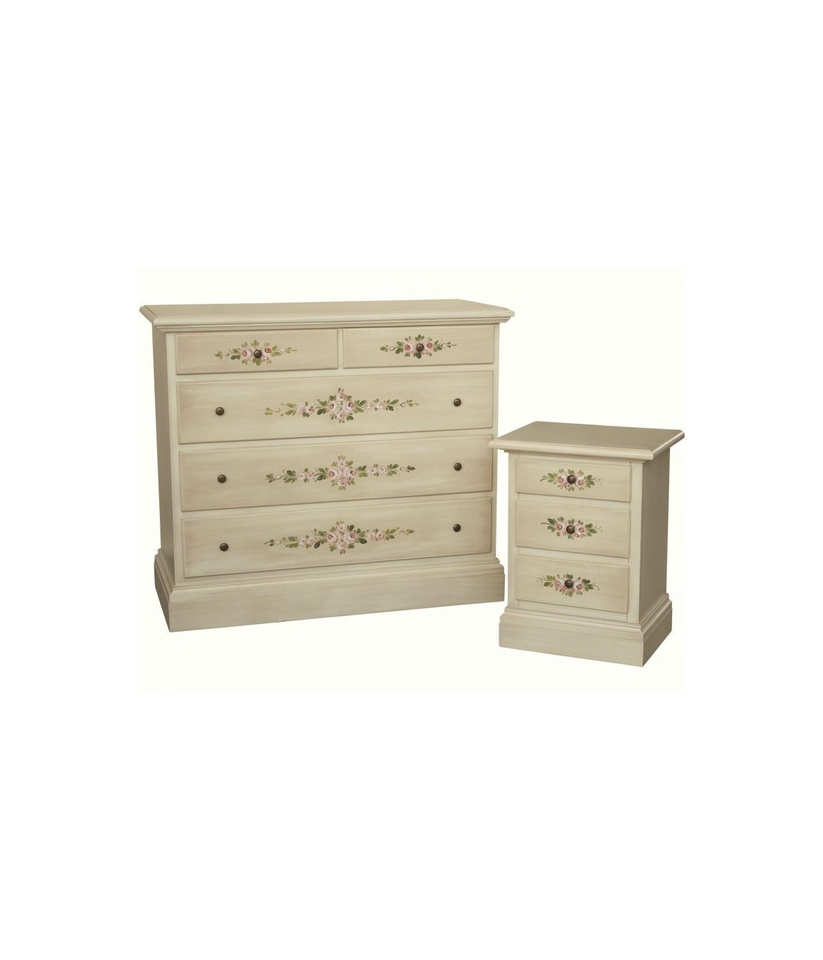 MOBILI 2G - Gruppo 1 Cassettiera 2 Comodini shabby avorio anticato decorato VISTA FRONTALE