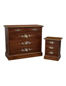 MOBILI 2G - Gruppo 1 Cassettiera 2 Comodini arte povera noce decorato VISTA FRONTALE