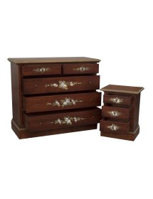 MOBILI 2G - Gruppo 1 Cassettiera 2 Comodini arte povera noce decorato VISTA FRONTALE