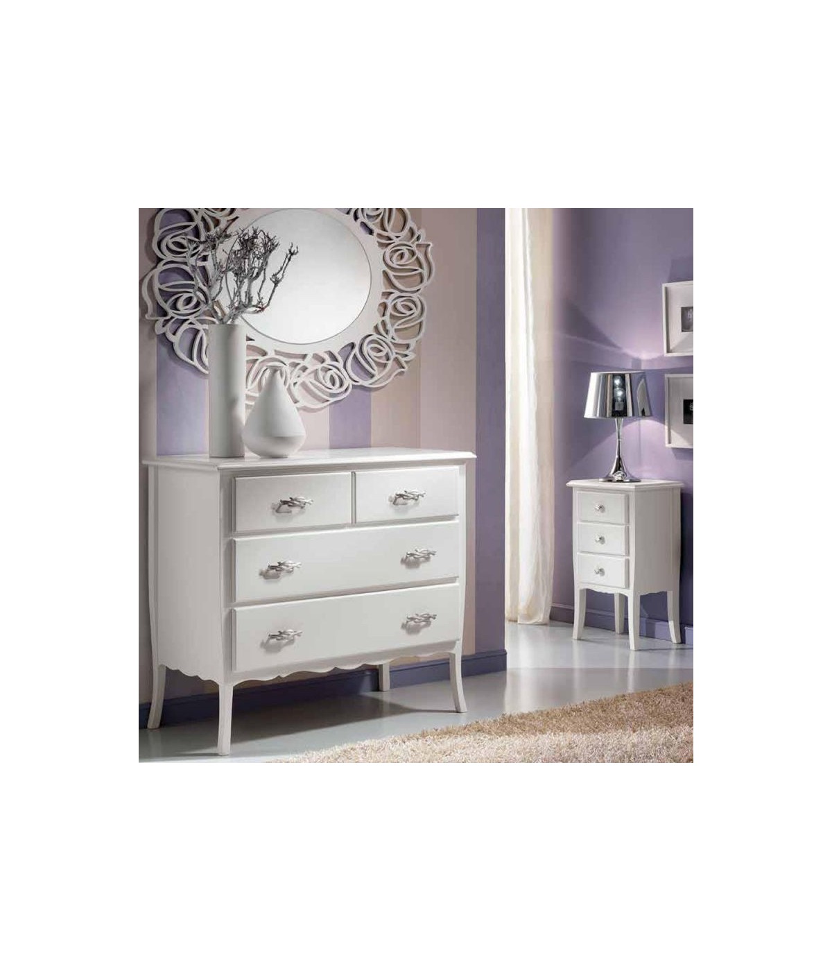 MOBILI 2G - Gruppo 1 Cassettiera 2 Comodini legno Shabby Bianco  vista frontale