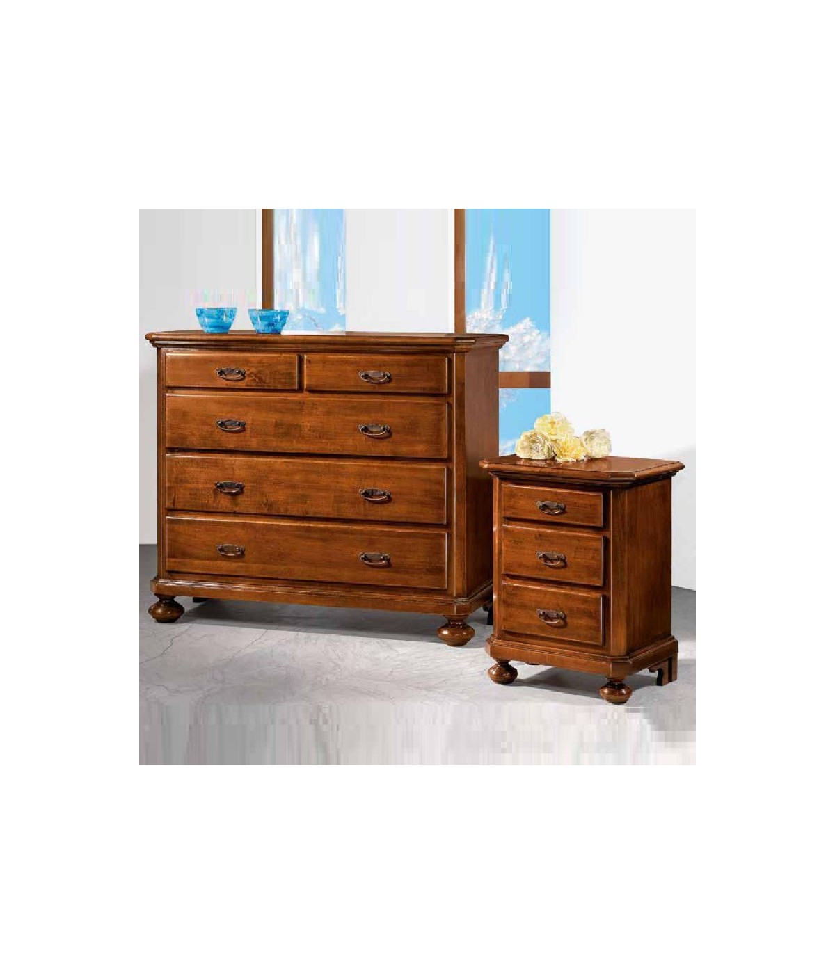 MOBILI 2G - Gruppo 1 Cassettiera 2 Comodini legno arte povera tinta noce VISTA FRONTALE