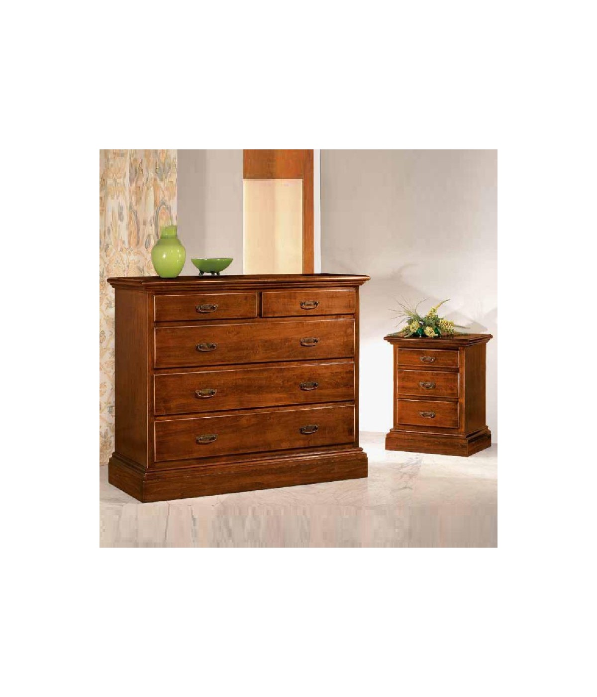 MOBILI 2G - Gruppo 1 Cassettiera 2 Comodini legno arte povera tinta noce vista frontale