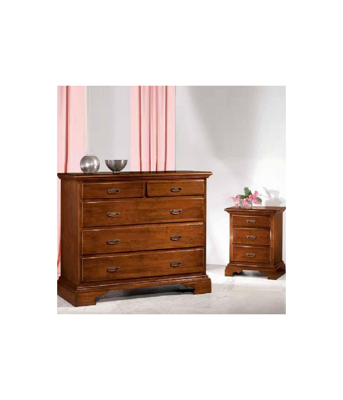 MOBILI 2G - Gruppo 1 Cassettiera 2 Comodini legno arte povera tinta noce vista frontale