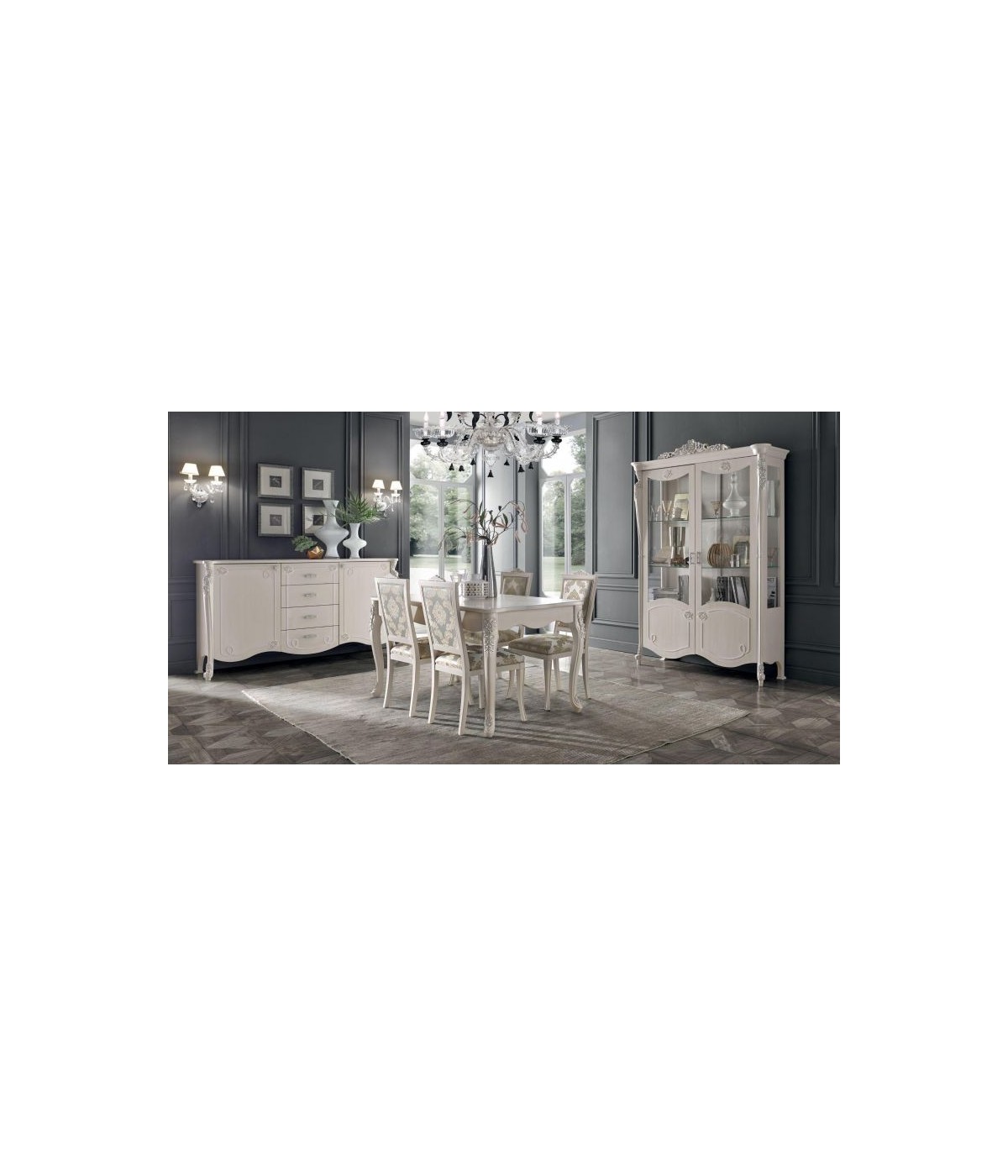 MOBILI 2G - Soggiorno completo in legno shabby bianco anticato argento vista frontale