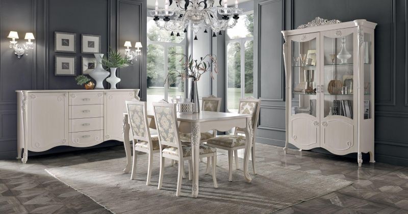 MOBILI 2G - Soggiorno completo in legno shabby bianco anticato argento vista frontale