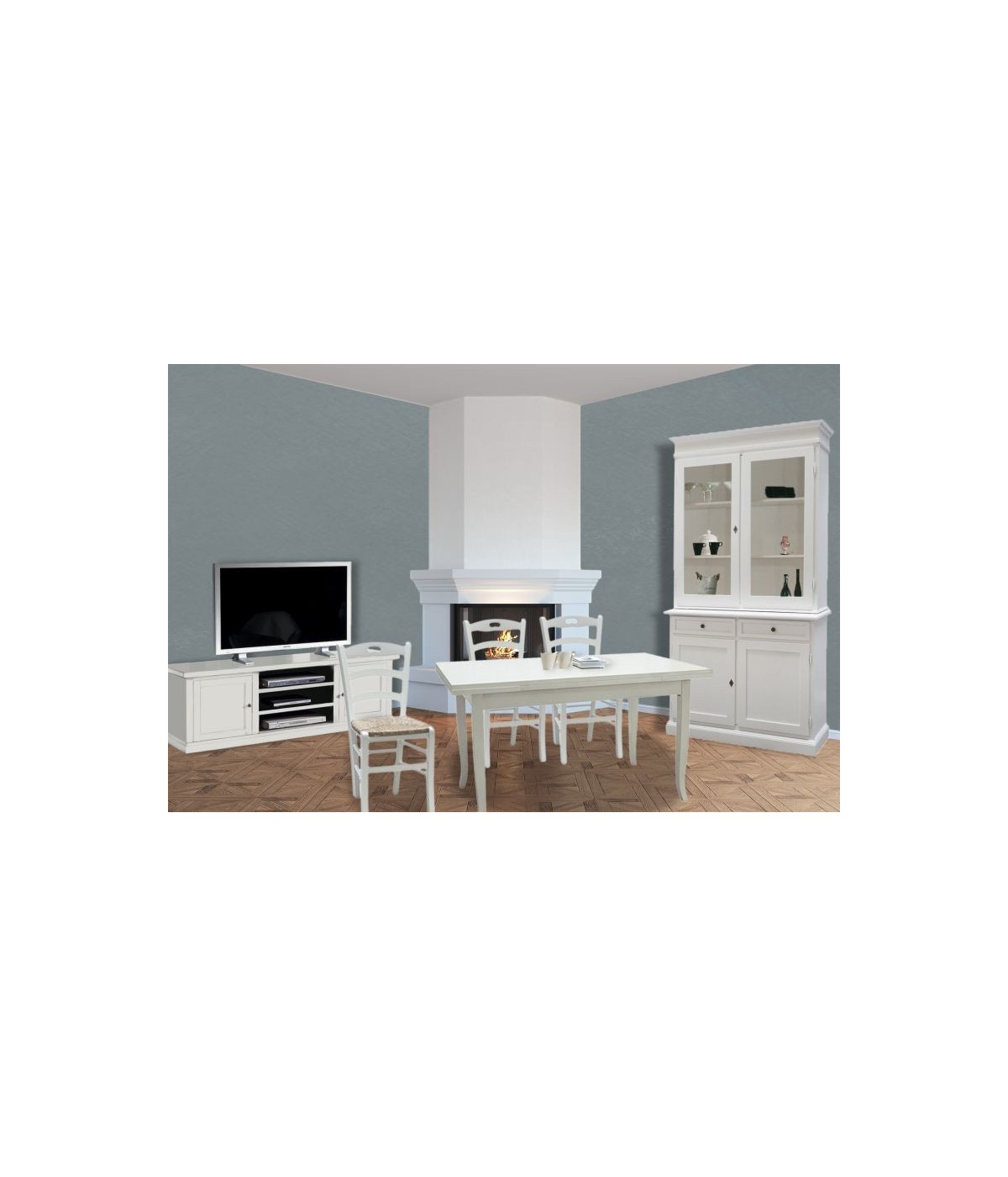 MOBILI 2G - Soggiorno classico legno shabby chic bianco opaco vista frontale