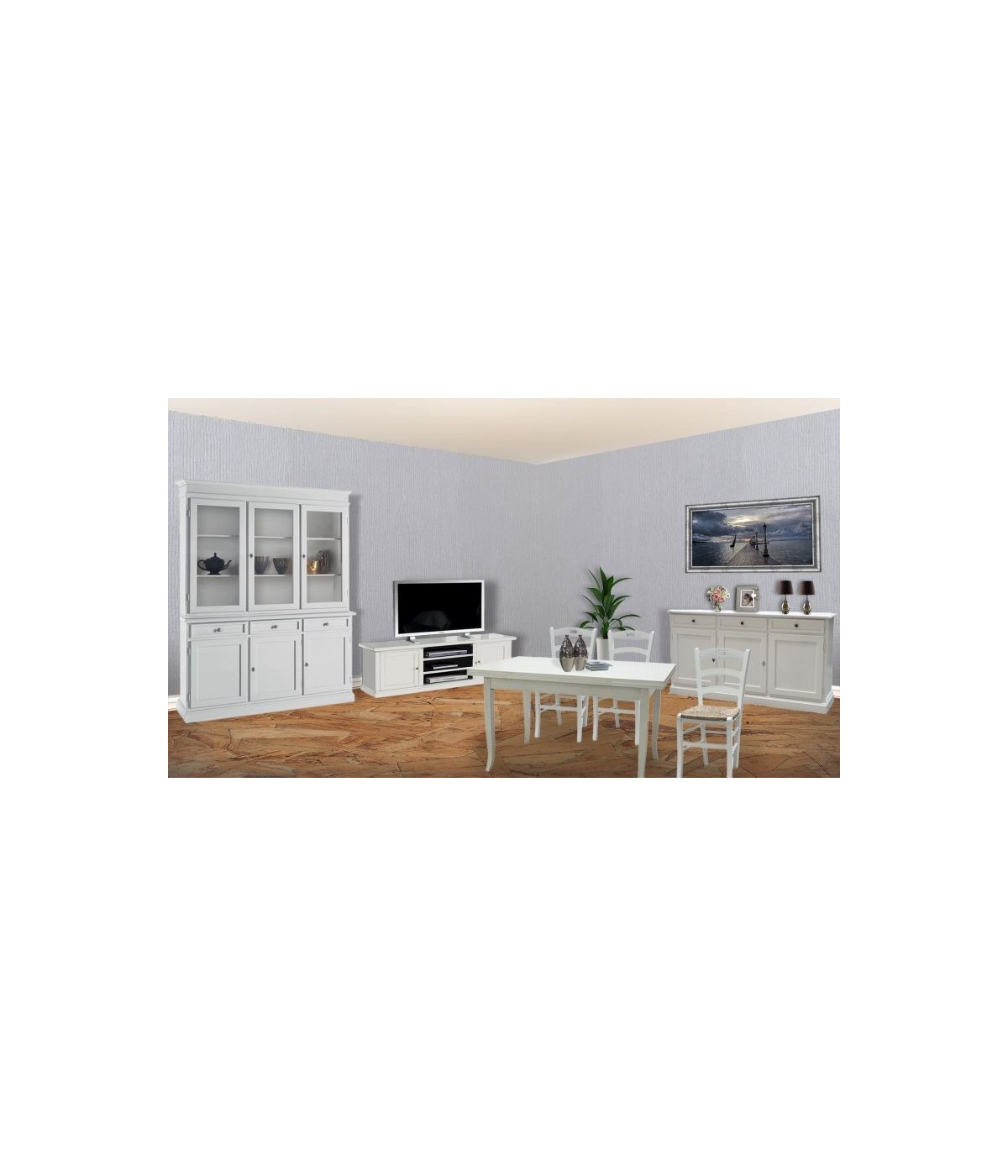 MOBILI 2G - Soggiorno completo classico legno shabby chic bianco opaco vista frontale