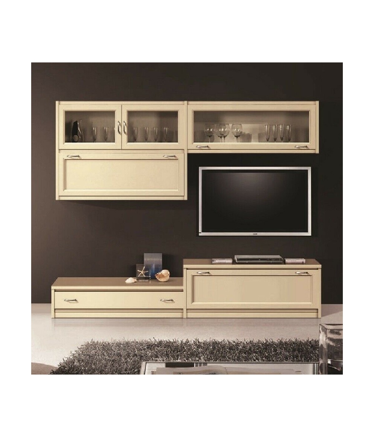 MOBILI 2G - Parete attrezzata in legno shabby chic avorio 209x36/60x200 VISTA FRONTALE