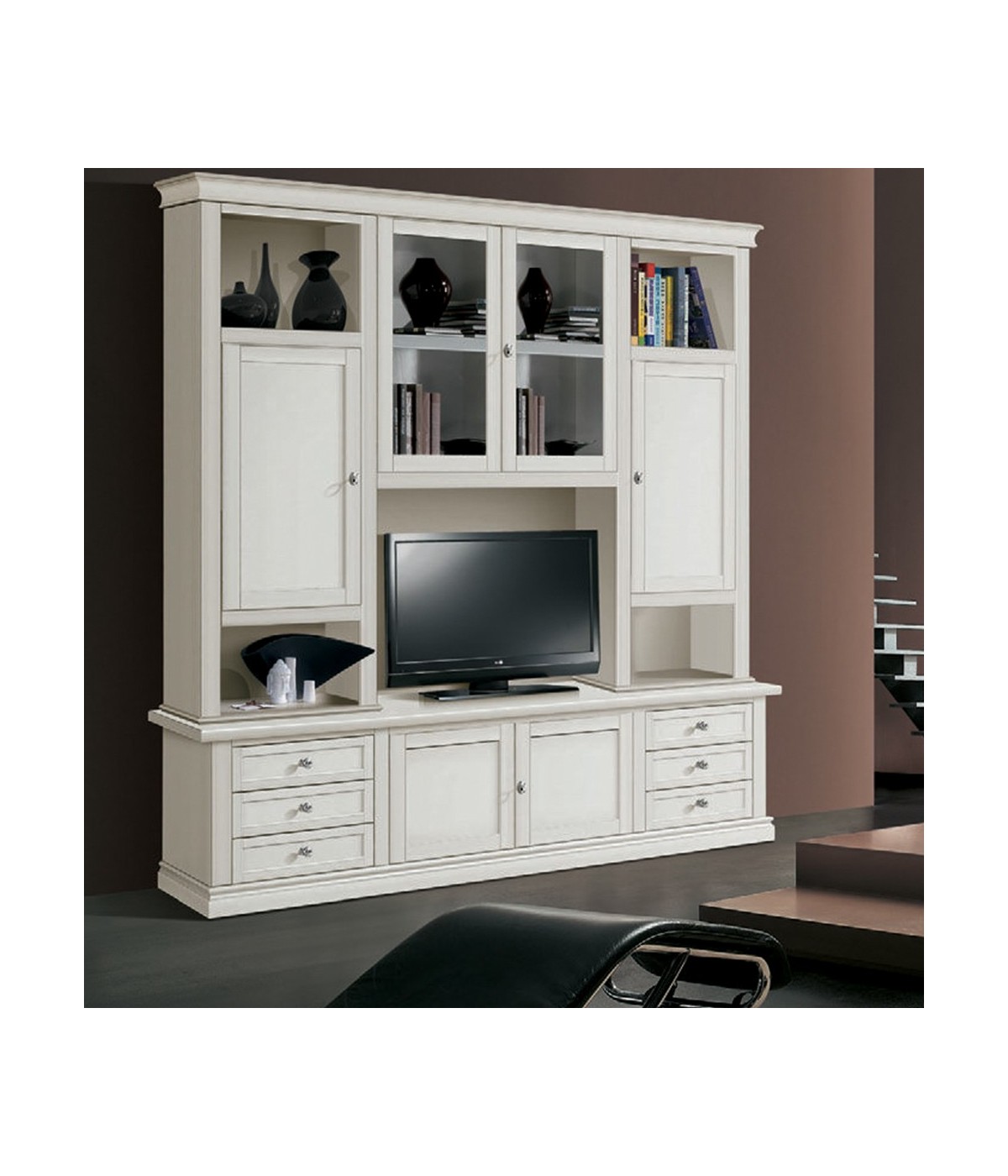 MOBILI 2G - Parete attrezzata classica in legno bianco 200x50x227 VISTA FRONTALE