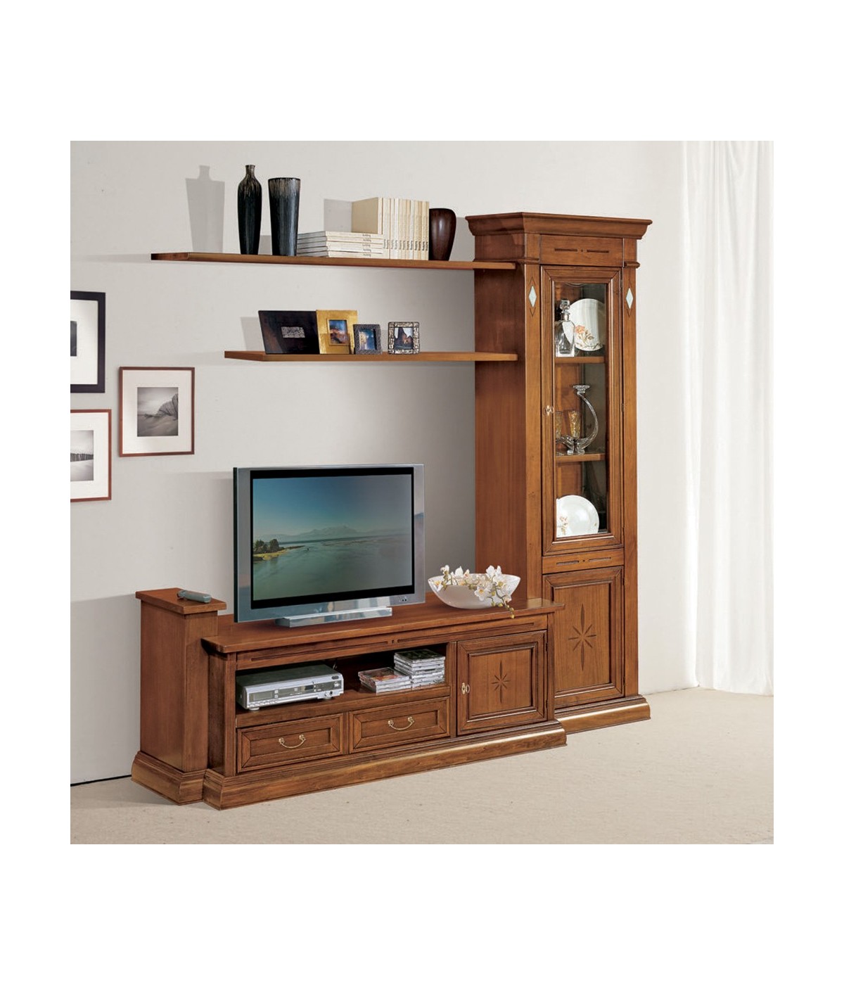 MOBILI 2G - Parete attrezzata classica in legno noce bassano 225x36/60x230 VISTA FRONTALE