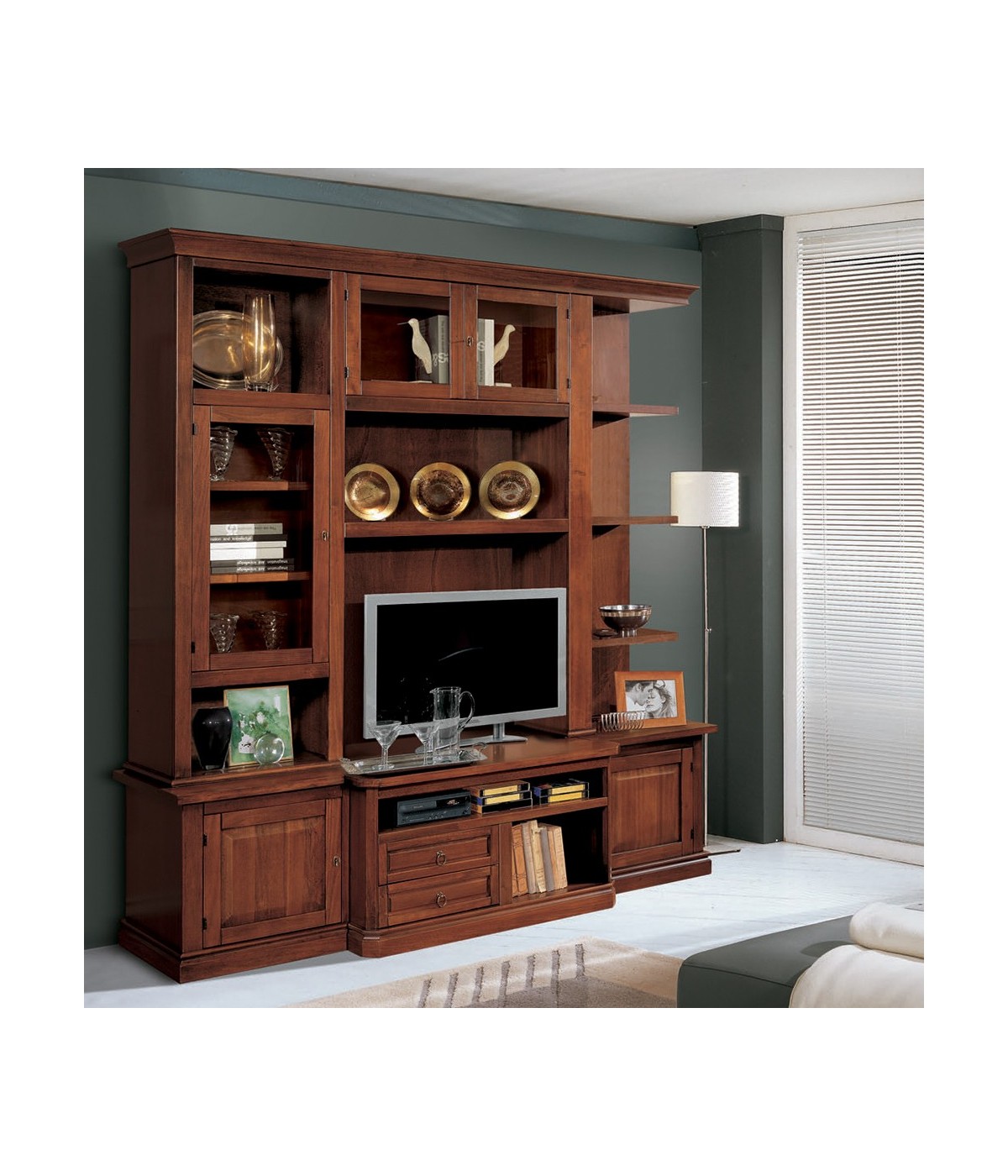 MOBILI 2G - Parete attrezzata classica in legno noce bassano 200x63x227 vista frontale